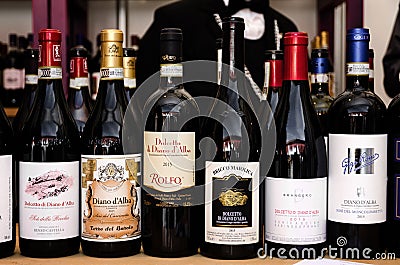 Bottles of Dolcetto di Diano Docg at Vinum, Alba Piedmont, Ital Editorial Stock Photo