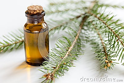 Bottles of essential oil and fir branches for aromatherapy and spa on white table background Stock Photo