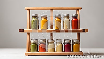 bottles of flavoring on wooden rack Stock Photo