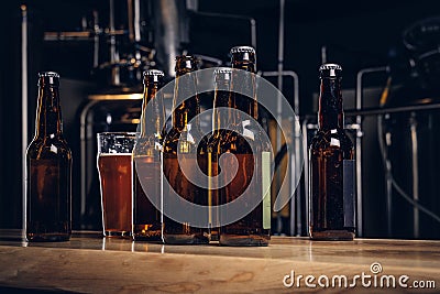 Bottles and glass of craft beer on wooden bar counter at the indie brewery. Stock Photo