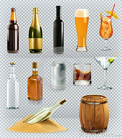 Bottles and glasses alcohol drink. Vector icons set Vector Illustration