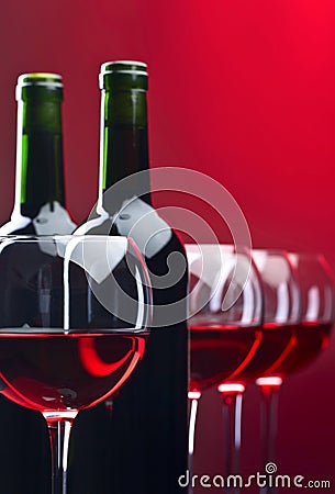 Bottles and glasses of red wine Stock Photo