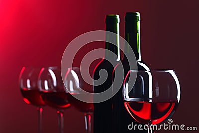 Bottles and glasses of red wine Stock Photo