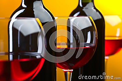 Bottles and glasses of red wine Stock Photo