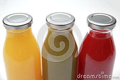 Bottles of healthy, colorful, homemade, cold pressed fresh fruit and vegetable juices. No3. Stock Photo