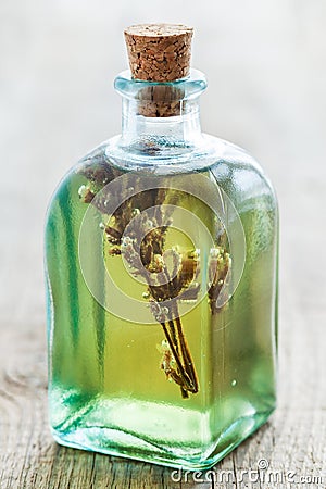 Bottles of herbal essential oil or infusion. Stock Photo