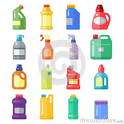 Bottles of household chemicals supplies cleaning housework plastic detergent liquid domestic fluid cleaner pack vector Vector Illustration