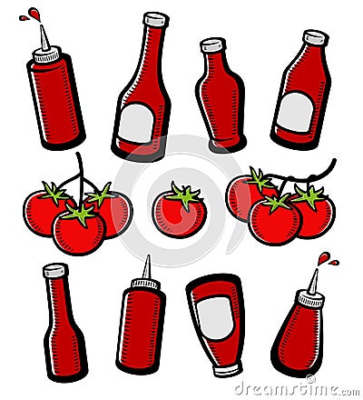 Bottles ketchup set. Collection icon ketchup. Vector Vector Illustration