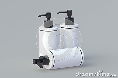 Bottles for liquid soap. Dispenser pump for antiseptic. Cosmetic accessories. Packaging for shampoo Stock Photo