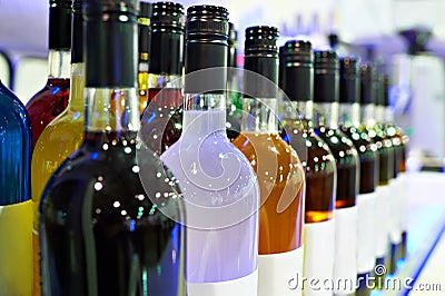 Bottles with liquors in the cafe bar Stock Photo