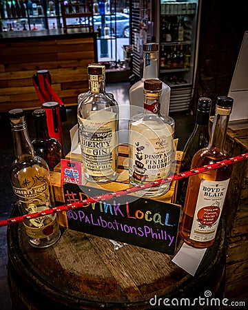 Bottles of locally distilled spirits from Pennsylvania Libations at the historic Reading Editorial Stock Photo