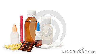 Bottles with medicine, nasal spray. Cough syrup, antipyretic syrup and nose drops on white background. Medication for cold treatme Stock Photo
