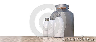 Bottles of milk and metal container. 3D rendered illustration Cartoon Illustration