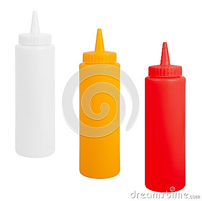 Bottles of mustard, ketchup and mayonnaise Stock Photo