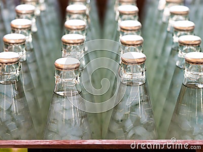 Bottles of Nata de coco in syrup, select focus Stock Photo