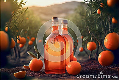 Bottles of orange alcohol or juice drinks of a beautiful bright yellow color on a village field among orange trees Stock Photo