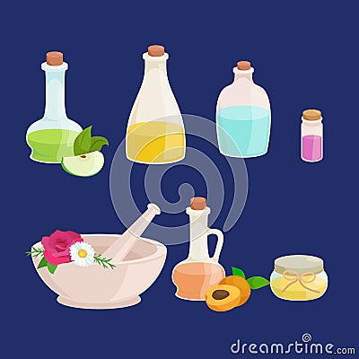 Bottles with organic essential aroma oil and soap bar set Vector Illustration