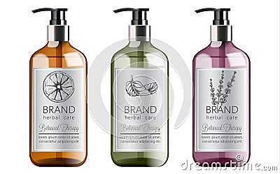 Bottles of organic shampoo with herbal care. Various plants and colors. Mint, orange and lavender Vector Illustration