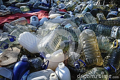 Bottles of plastic to be recycled on a public trash Editorial Stock Photo