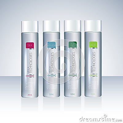 Bottles with sample labels for shower gel or shampoo Vector Illustration