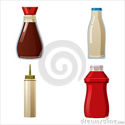 Bottles sauce set. Soy Mustard Ketchup Creamy sauces. Food template, mock up plastic packaging, glass bottle. Vector Vector Illustration