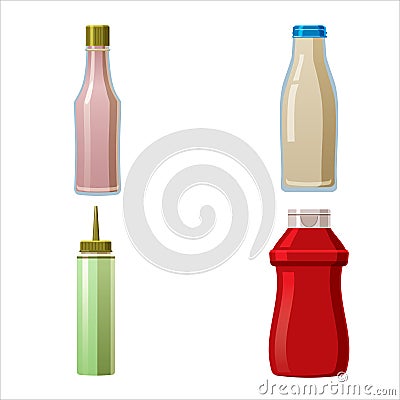 Bottles sauce and set. Soy Wasabi Mustard Ketchup Mayonnaise Creamy sauces. Food template, mock up plastic packaging Vector Illustration