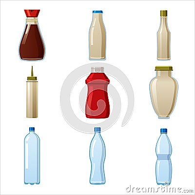 Bottles sauce set. Soy Wasabi Mustard Ketchup Mayonnaise Creamy sauces water mineral. Food template, mock up plastic Vector Illustration