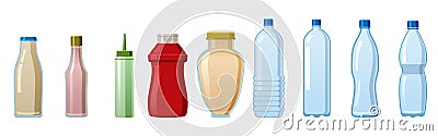 Bottles sauce and water set. Soy Wasabi Mustard Ketchup Mayonnaise Creamy sauces water mineral. Food template, mock up Vector Illustration