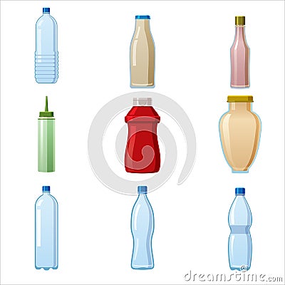 Bottles sauce and water set. Soy Wasabi Mustard Ketchup Mayonnaise Creamy sauces water mineral. Food template, mock up Vector Illustration