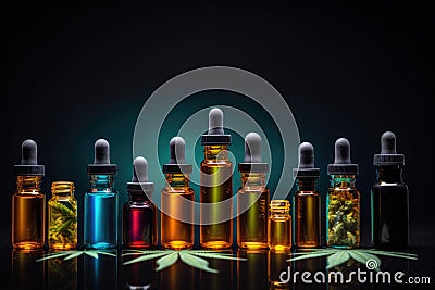 Essential oil in bottle with fresh green cannabis Stock Photo