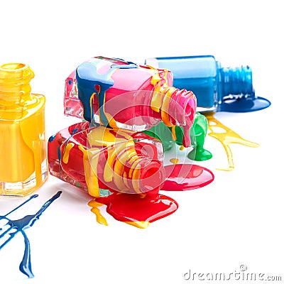 Bottles with spilled nail polish Stock Photo