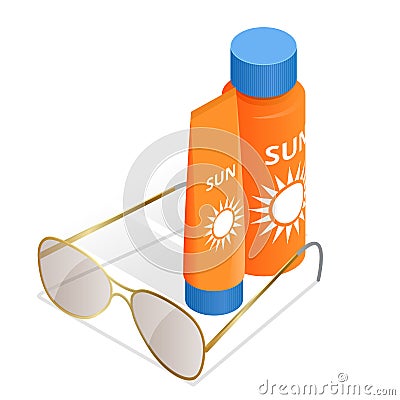 Bottles of sunscreen lotion and sunglasses. Tube container of sun cream isolated on white glossy background. Summer, sun Vector Illustration