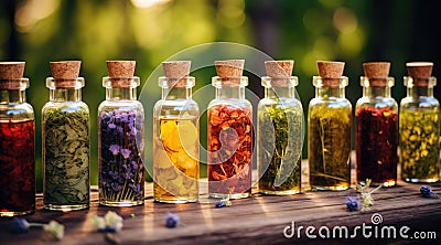 Bottles of tincture or infusion of healthy medicinal herbs and healing plants. Herbal medicine Stock Photo