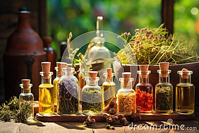 Bottles of tincture or infusion of healthy medicinal herbs and healing plants. Herbal medicine Stock Photo