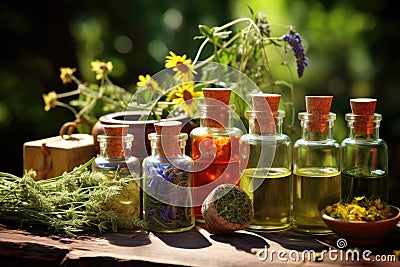 Bottles of tincture or infusion of healthy medicinal herbs and healing plants. Herbal medicine Stock Photo