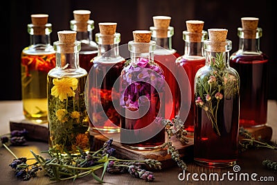 Bottles of tincture or infusion of healthy medicinal herbs and healing plants. Herbal medicine Stock Photo
