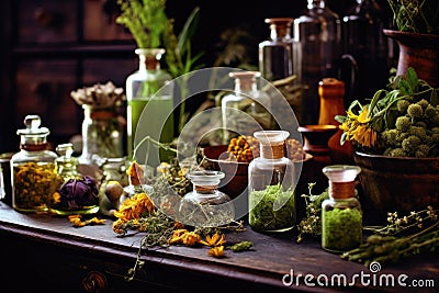 Bottles of tincture or infusion of healthy medicinal herbs and healing plants. Herbal medicine Stock Photo