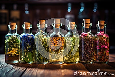 Bottles of tincture or infusion of healthy medicinal herbs and healing plants. Herbal medicine Stock Photo