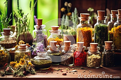 Bottles of tincture or infusion of healthy medicinal herbs and healing plants. Herbal medicine Stock Photo