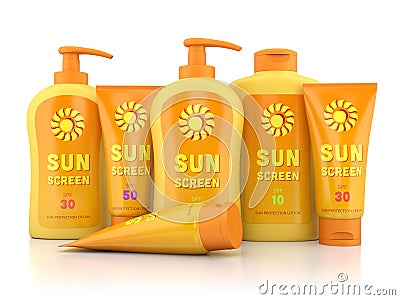 Bottles and tubes of sunscreen Stock Photo