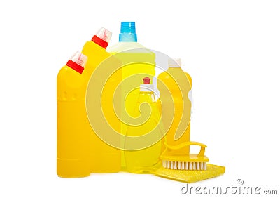 Bottles with various detergents isolated on a white background. Stock Photo