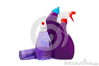 Bottles with various detergents isolated on a white background. Stock Photo