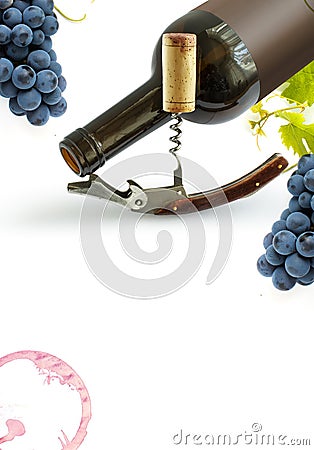 Bottles of wine with vintage corkscrews and a cork on a white background. Design element for wine list or tasting Stock Photo