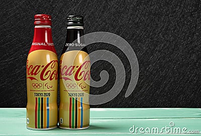 Bottles of zero sugar and original taste colas made by Coca-Cola specially for 2020 Tokyo Olympic Editorial Stock Photo
