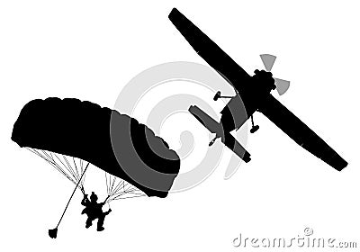 Bottom profile silhouette of sky diver with open parachute Vector Illustration