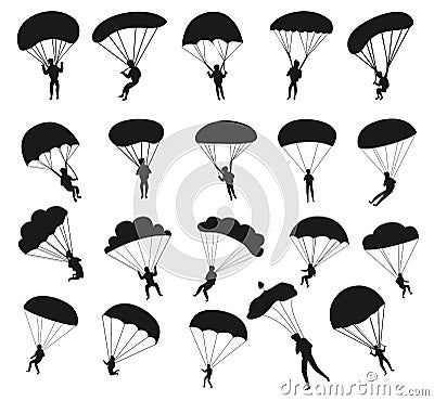 Bottom profile silhouette of sky diver with open parachute Silhouettes Stock Photo