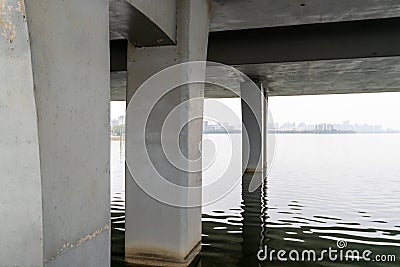 Bottom shot of the large bridge on the sea Stock Photo