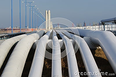 Bottom shot of a pipeline at sunset. Pipeline transportation is most common way of transporting goods such as Oil, natural gas or Stock Photo