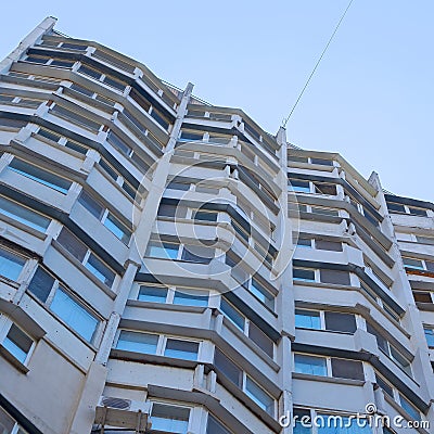 Bottom-Up View of a Multi-Storey Building. A Number of Floors of the Same Type and Are Directed to The Sky Stock Photo