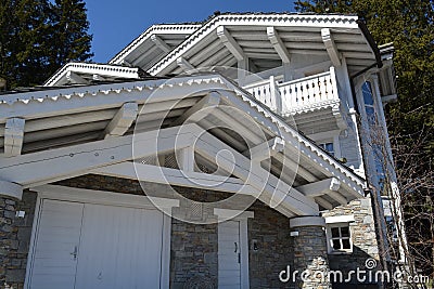 Bottom view of a beautiful modern house with white details, photographed outside Stock Photo